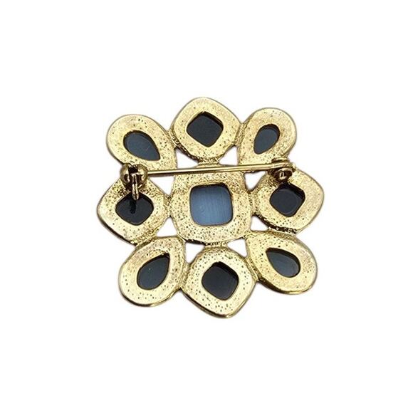Blue Cat’s Eye Flower Brooch Gold Tone Statement Vintage Style Pin - Picture 4 of 4
